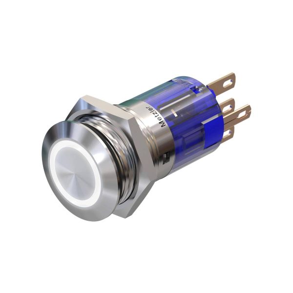 Metzler - tlačidlo 16 mm - biele LED kruhové osvetlenie - IP67 IK10 - nehrdzavejúca oceľ - ploché - spájkovacie kontakty