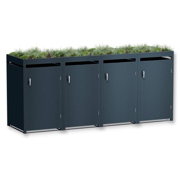 Metzler box na odpadkové nádoby s vegetační střechou | 4 ks | 240 l | antracit RAL 7016 | z oceli | nerezová a masivní | klikou dveří se zámkem