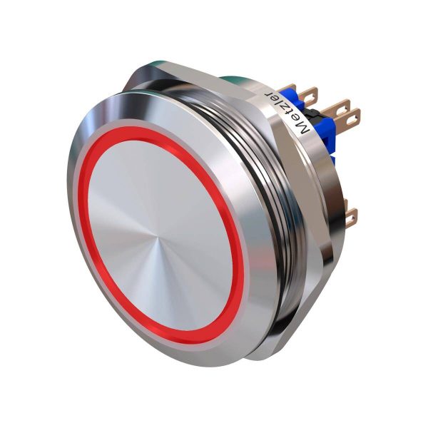 Metzler - tlačidlo 40mm - LED kruhové osvetlenie červené - IP67 IK10 - nehrdzavejúca oceľ - 2pólové - ploché - spájkovacie kontakty