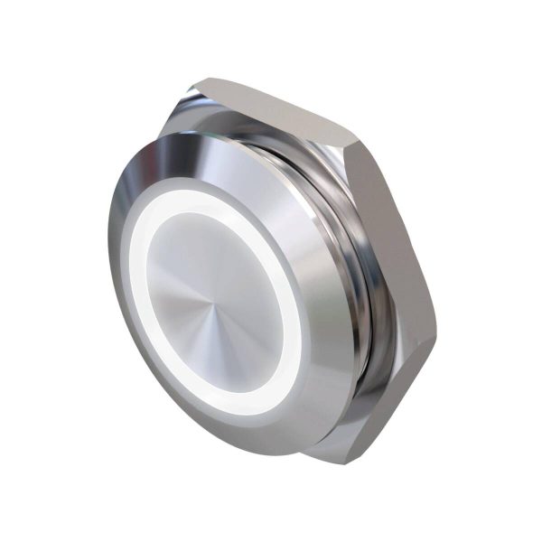 Metzler - tlačidlo 19mm - LED kruhové osvetlenie biele - IP67 IK10 - nehrdzavejúca oceľ - ploché - káblové pripojenie