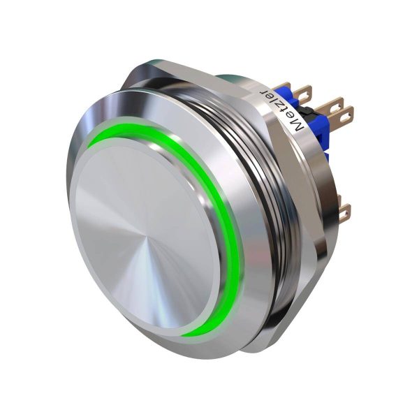 Metzler - tlačítko 40mm - LED kruhové osvětlení zelené - IP67 IK10 - nerezová ocel - 2pólové - vystupující - pájecí kontakty