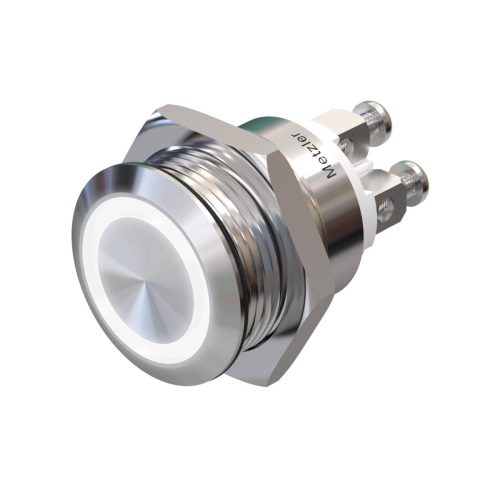 Metzler - tlačidlo 19 mm - LED kruhové osvetlenie biele - IP67 IK10 - nehrdzavejúca oceľ - ploché - skrutkové kontakty
