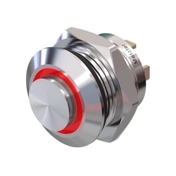 Metzler - tlačidlo 12mm - LED kruhové osvetlenie červené - IP67 IK10 - nehrdzavejúca oceľ - vyčnievajúce - spájkovacie kontakty