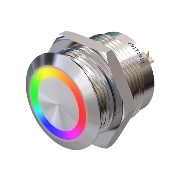 Metzler - tlačidlo 19 mm - LED kruhové osvetlenie RGB voľba farby pomocou prepínača - IP67 IK10 - nehrdzavejúca oceľ - ploché - káblové pripojenie