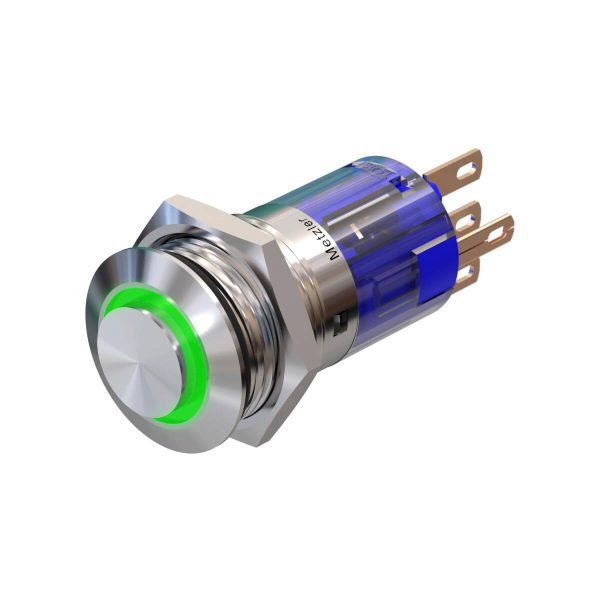 Metzler - tlačidlo 16 mm - zelené LED kruhové osvetlenie - IP67 IK10 - nerezová oceľ - vystupujúce - spájkovacie kontakty
