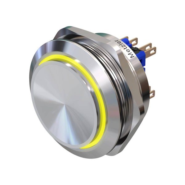 Metzler - tlačidlo 40mm - LED prstencové osvetlenie žlté - IP67 IK10 - nehrdzavejúca oceľ - 2pólové - vystupujúce - spájkovacie kontakty