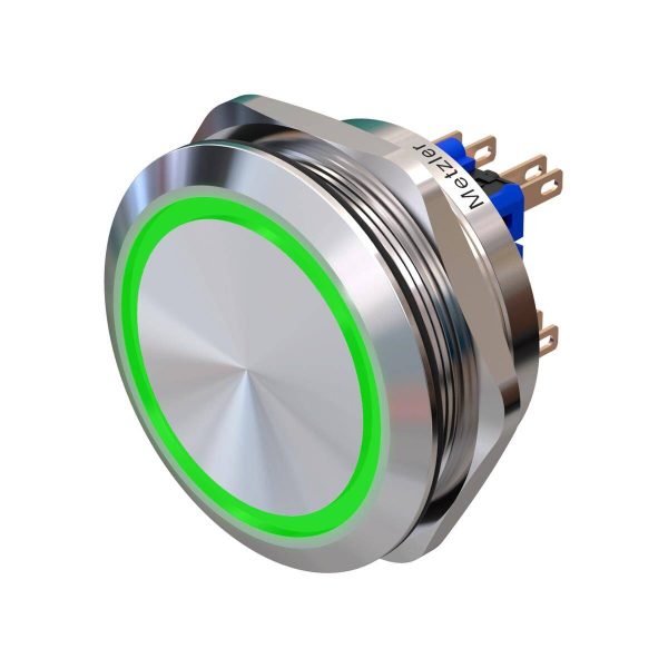 Metzler - tlačidlo 40 mm - LED kruhové osvetlenie zelené - IP67 IK10 - nehrdzavejúca oceľ - 2-pólové - ploché - pájkovacie kontakty
