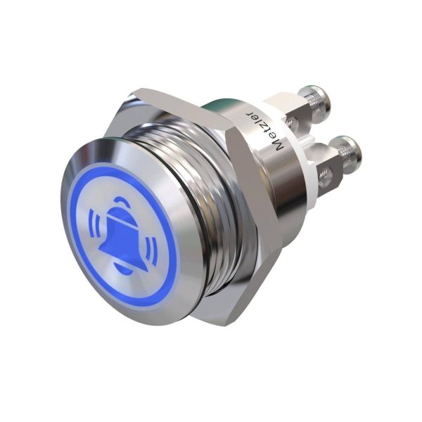 Metzler - tlačidlo 19mm - LED symbol zvončeka modrá - IP67 IK10 - nehrdzavejúca oceľ - ploché - skrutkové kontakty