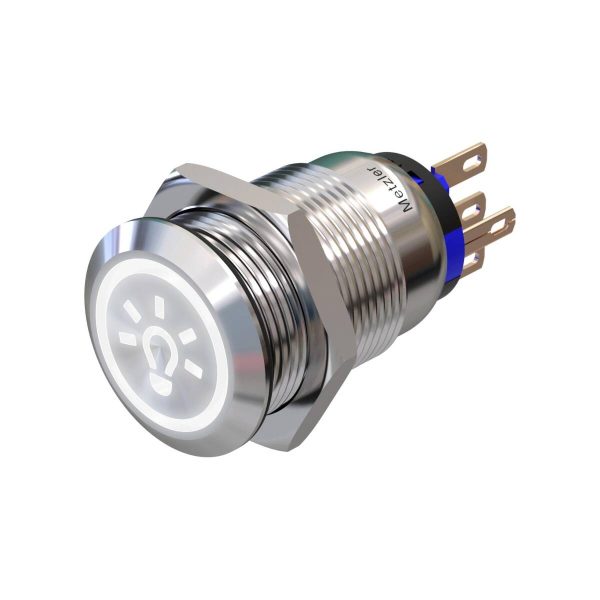 Metzler - tlačidlo 19mm - LED symbol svetlo 230 V biela - IP67 IK10 - nehrdzavejúca oceľ - ploché - spájkovacie kontakty