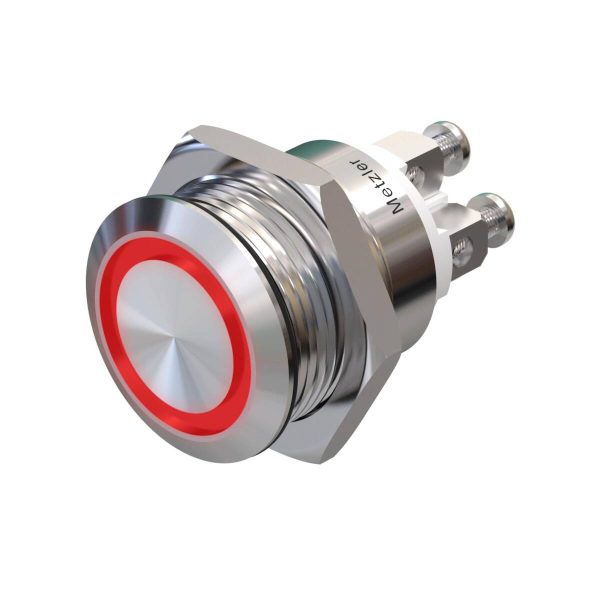 Metzler - tlačidlo 19mm - LED kruhové osvetlenie červené - IP67 IK10 - nehrdzavejúca oceľ - ploché - skrutkové kontakty