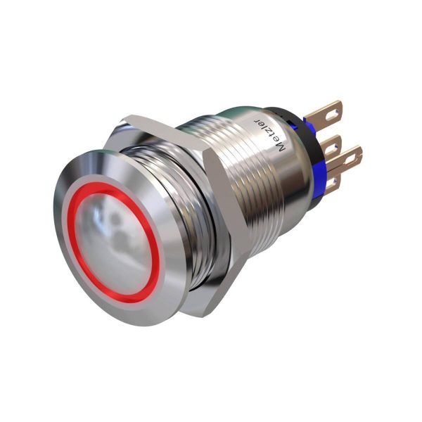Metzler - tlačidlo 19 mm - LED prstencové osvetlenie červené - IP67 IK10 - nehrdzavejúca oceľ - vypuklé - spájkovacie kontakty
