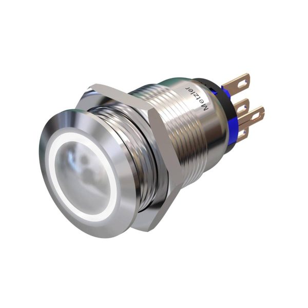 Metzler - tlačítko 19 mm - LED kruhové osvětlení bílé - IP67 IK10 - nerezová ocel - vypouklé - pájecí kontakty