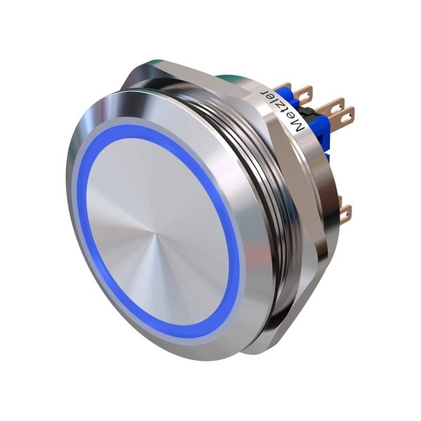 Metzler - tlačidlo 40 mm - LED kruhové osvetlenie modré - IP67 IK10 - nehrdzavejúca oceľ - 2pólové - ploché - pájkovacie kontakty