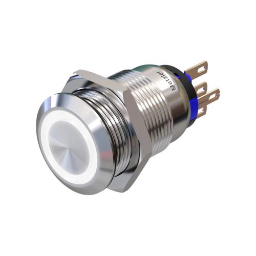 Metzler - tlačidlo 19 mm - biele LED kruhové osvetlenie - IP67 IK10 - nehrdzavejúca oceľ - ploché - spájkovacie kontakty