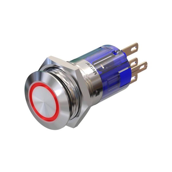 Metzler - tlačidlo 16mm - LED kruhové podsvietenie červené - IP67 IK10 - nehrdzavejúca oceľ - ploché - spájkovacie kontakty
