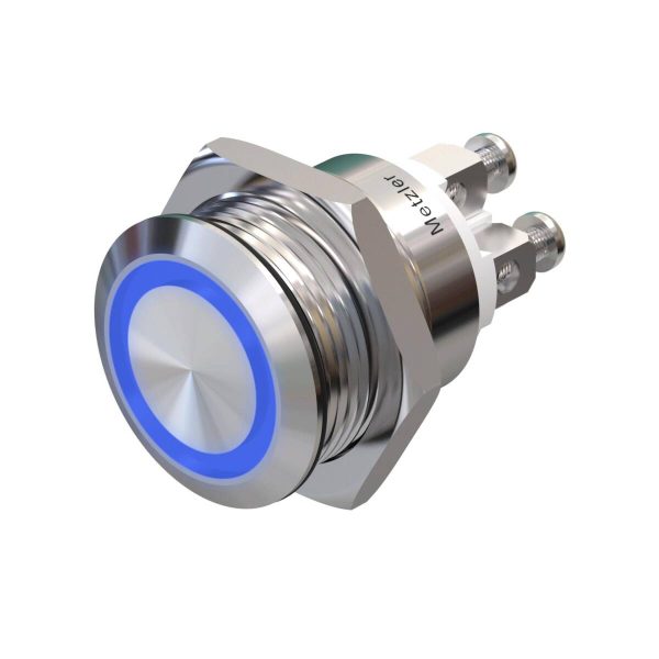 Metzler - tlačidlo 19 mm - LED kruhové osvetlenie modré - IP67 IK10 - nehrdzavejúca oceľ - ploché - skrutkové kontakty