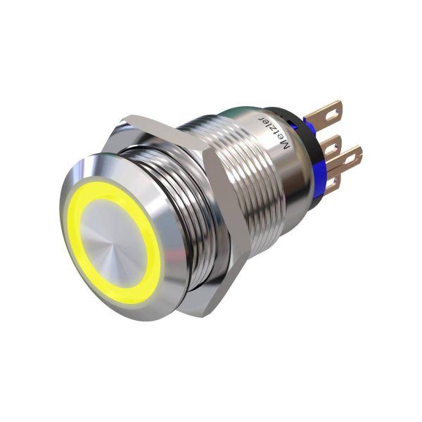 Metzler - tlačidlo 19 mm - LED kruhové osvetlenie žlté - IP67 IK10 - nehrdzavejúca oceľ - ploché - spájkovacie kontakty