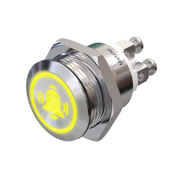 Metzler - tlačidlo 19 mm - LED symbol zvonu žltý - IP67 IK10 - nehrdzavejúca oceľ - ploché - skrutkové kontakty