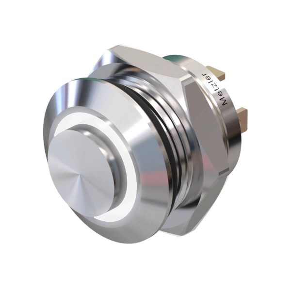 Metzler - tlačidlo 12 mm - LED kruhové osvetlenie biele - IP67 IK10 - nehrdzavejúca oceľ - vystupujúce - spájkovacie kontakty