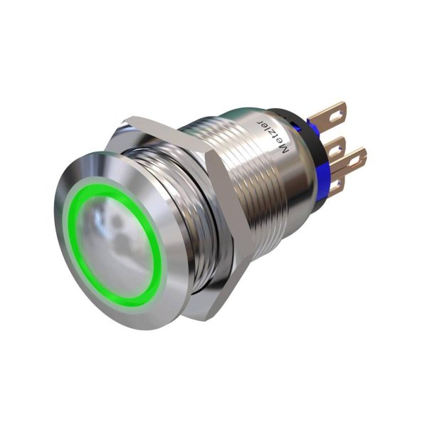 Metzler - tlačidlo 19 mm - LED prstencové osvetlenie zelené - IP67 IK10 - nehrdzavejúca oceľ - vypuklé - pájkovacie kontakty