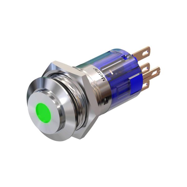Metzler - tlačidlo 16mm - LED bodové osvetlenie zelené - IP67 IK10 - nerezová oceľ - vystupujúce - spájkovacie kontakty