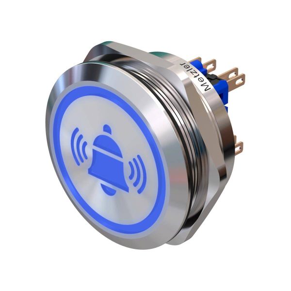 Metzler - tlačidlo 40 mm - LED symbol zvončeka modrá - IP67 IK10 - nehrdzavejúca oceľ - 2-pólové - ploché - spájkovacie kontakty