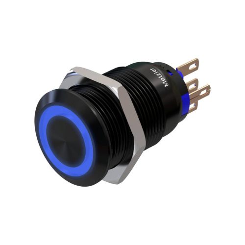 Metzler - tlačidlo 19mm - modré LED kruhové osvetlenie - IP67 IK10 - hliník - ploché - spájkovacie pripojenie