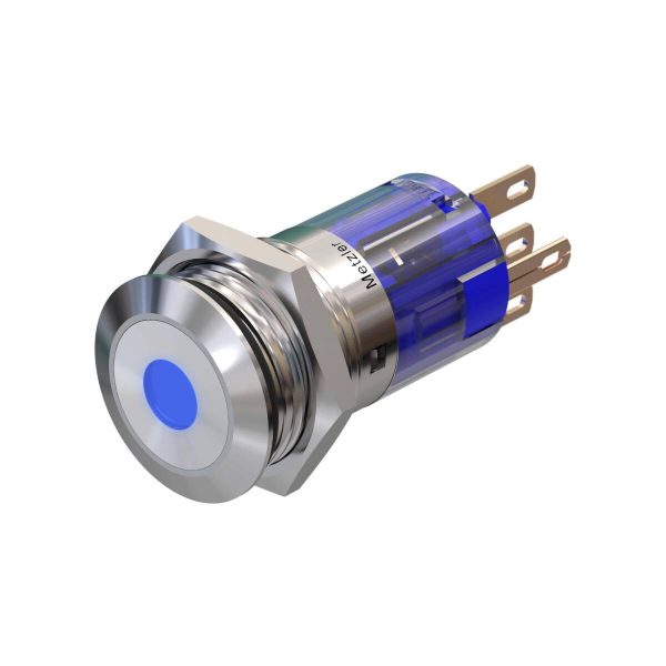 Metzler - tlačidlo 16mm - bodové LED osvetlenie modré - IP67 IK10 - nehrdzavejúca oceľ - ploché - spájkovacie kontakty