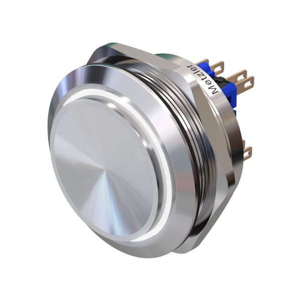 Metzler - tlačidlo 40mm - biele LED kruhové osvetlenie - IP67 IK10 - nehrdzavejúca oceľ - 2-pólové - vyčnievajúce - spájkovacie kontakty