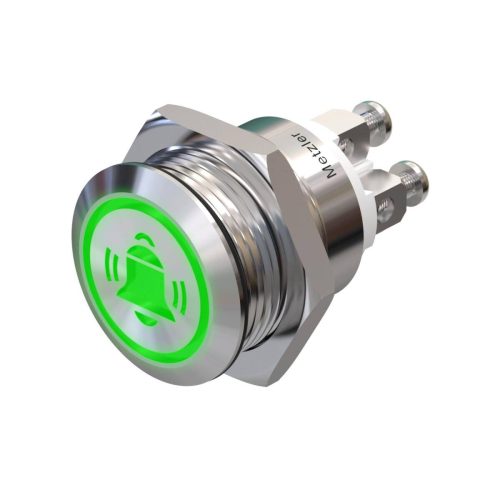 Metzler - tlačidlo 19 mm - LED symbol zvončeka zelený - IP67 IK10 - nehrdzavejúca oceľ - ploché - skrutkové kontakty