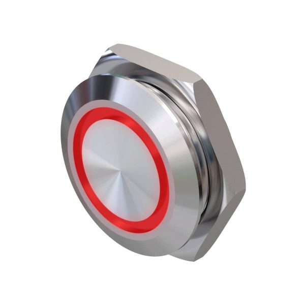 Metzler - tlačidlo 19mm - LED kruhové osvetlenie červené - IP67 IK10 - nerezová oceľ - ploché - káblové pripojenie