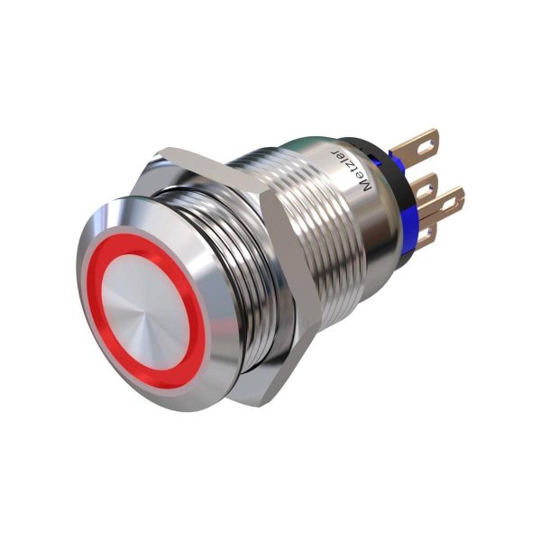 Metzler - tlačidlo 19mm - LED kruhové osvetlenie červené - IP67 IK10 - nehrdzavejúca oceľ - ploché - spájkovacie kontakty