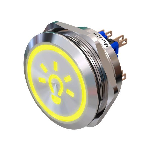 Metzler - tlačidlo 40 mm - LED symbol svetlo žlté - IP67 IK10 - nehrdzavejúca oceľ - 2-pólové - ploché - spájkovacie kontakty