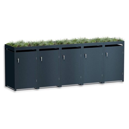 Metzler box na odpadkové nádoby s vegetační střechou | 5násobná | 240 l | antracit RAL 7016 | z oceli | nerezová & masivní | klikou dveří se zámkem