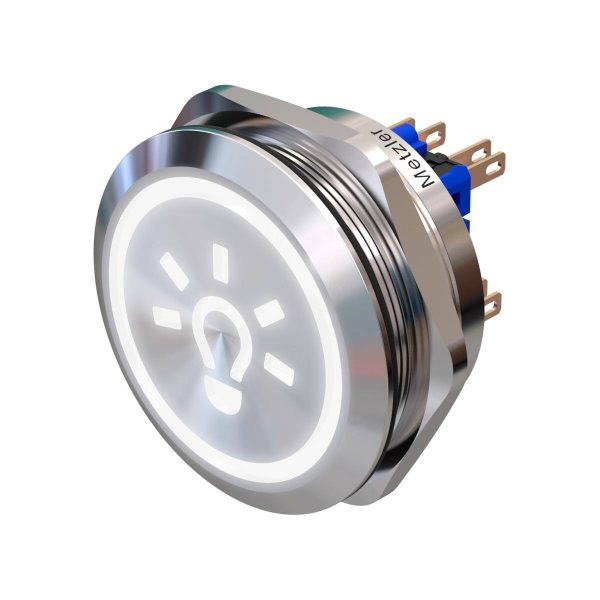 Metzler - tlačítko 40 mm - LED symbol světlo bílé - IP67 IK10 - nerezová ocel - 2pólové - ploché - pájecí kontakty