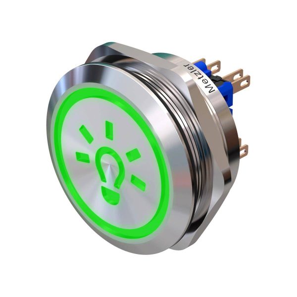 Metzler - tlačítko 40 mm - LED symbol světlo zelené - IP67 IK10 - nerezová ocel - 2pólové - ploché - pájecí kontakty