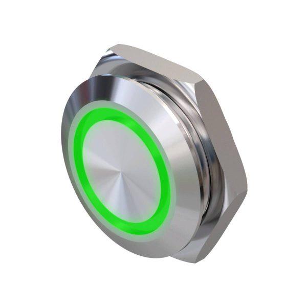 Metzler - tlačítko 19 mm - LED kruhové osvětlení zelené - IP67 IK10 - nerezová ocel - ploché - kabelové připojení