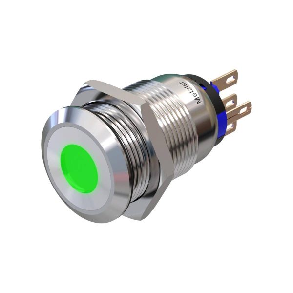Metzler - tlačítko 19mm - LED bodové osvětlení zelené - IP67 IK10 - nerezová ocel - ploché - pájecí kontakty