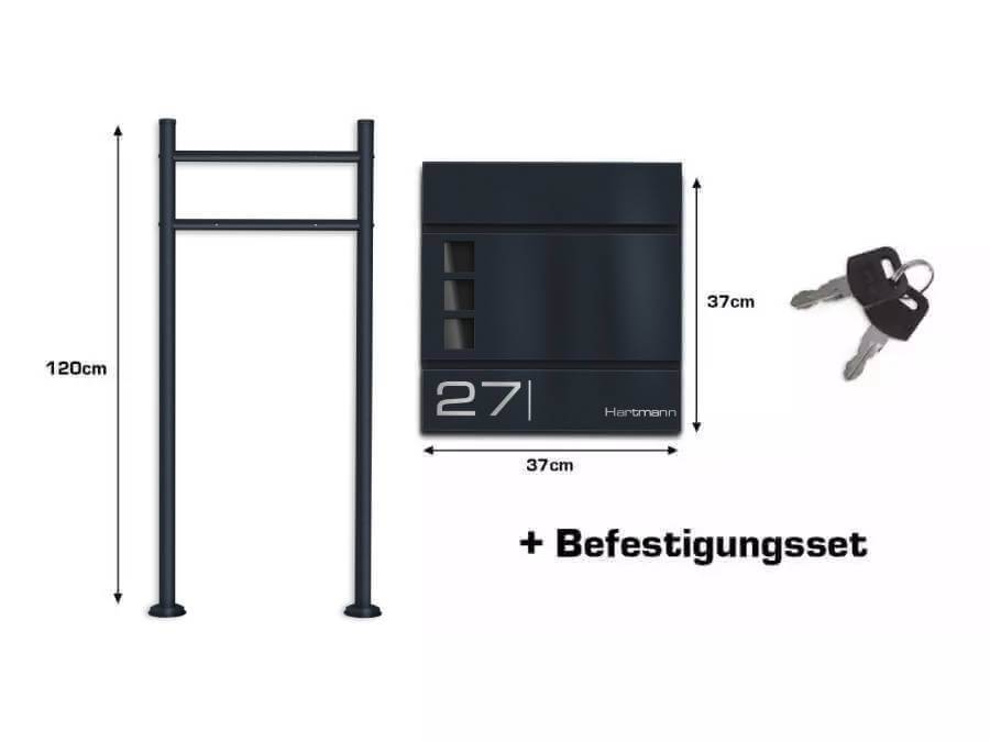 Metzler stojací poštovní schránka Cube antracit - infografika k obsahu dodávky a rozměrům