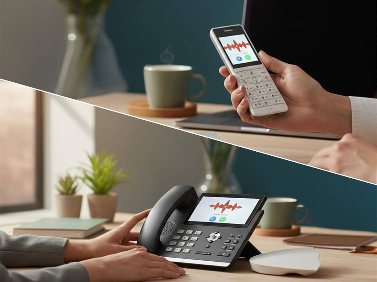 SIP telefon na kancelářském stole a FRITZ-Fon na malém odkládacím stolku