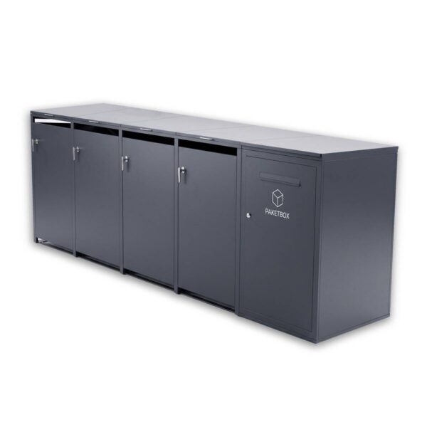 Metzler box na odpadkové koše s paketovou schránkou | sada | 4dílná pro 240 l | Paketbox XL s poštovní schránkou | ocel | antracit RAL 7016