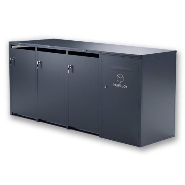 Metzler box na popelnice s paketovou schránkou | sada | pro 3 kusy po 240 l | paketová schránka XL s poštovní schránkou | ocel | antracit RAL 7016