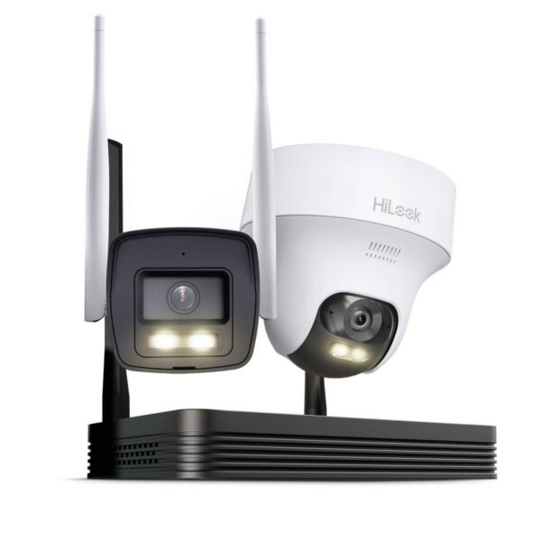 HiLook EasyLink WLAN Kit | 4 MP Bullet + PT Turret bezpečnostné kamery | WiFi NVS | Kompletná sada | Detekcia osôb a vozidiel | Farebné nočné videnie | 2-cestný audio prenos | 24/7 záznam | IKS-2044BTH-PH/W