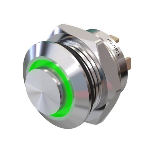 Metzler - tlačidlo 12 mm - LED prstencové osvetlenie zelené - IP67 IK10 - nehrdzavejúca oceľ - vystupujúce - spájkovacie kontakty