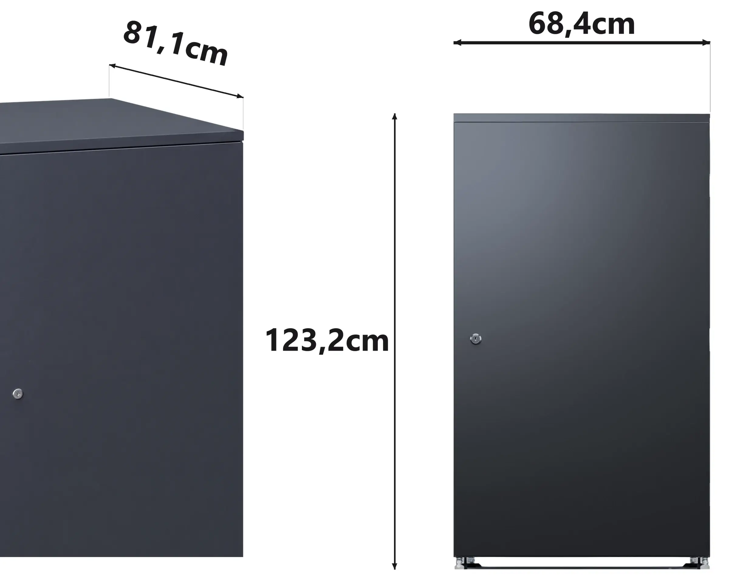 Box na odpadkové nádoby Metzler, rohový pohľad a nárys, kótované: 68,4 cm široký, 123,3 cm vysoký a 81,2 cm hlboký