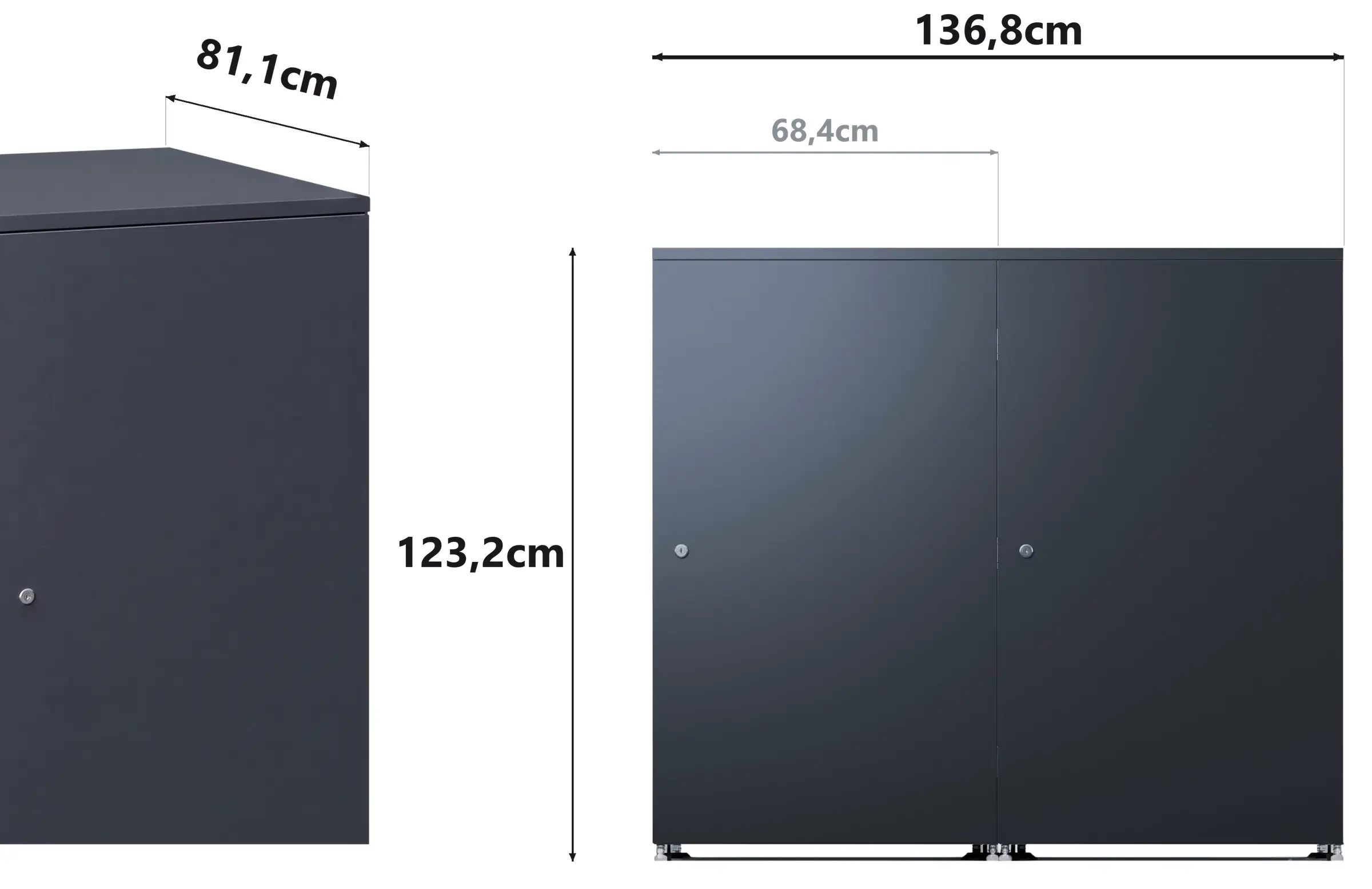 Box na popelnice Metzler, rohový pohled a nárys s rozměry: 136,8 cm šířka, 123 cm výška a 81,2 cm hloubka