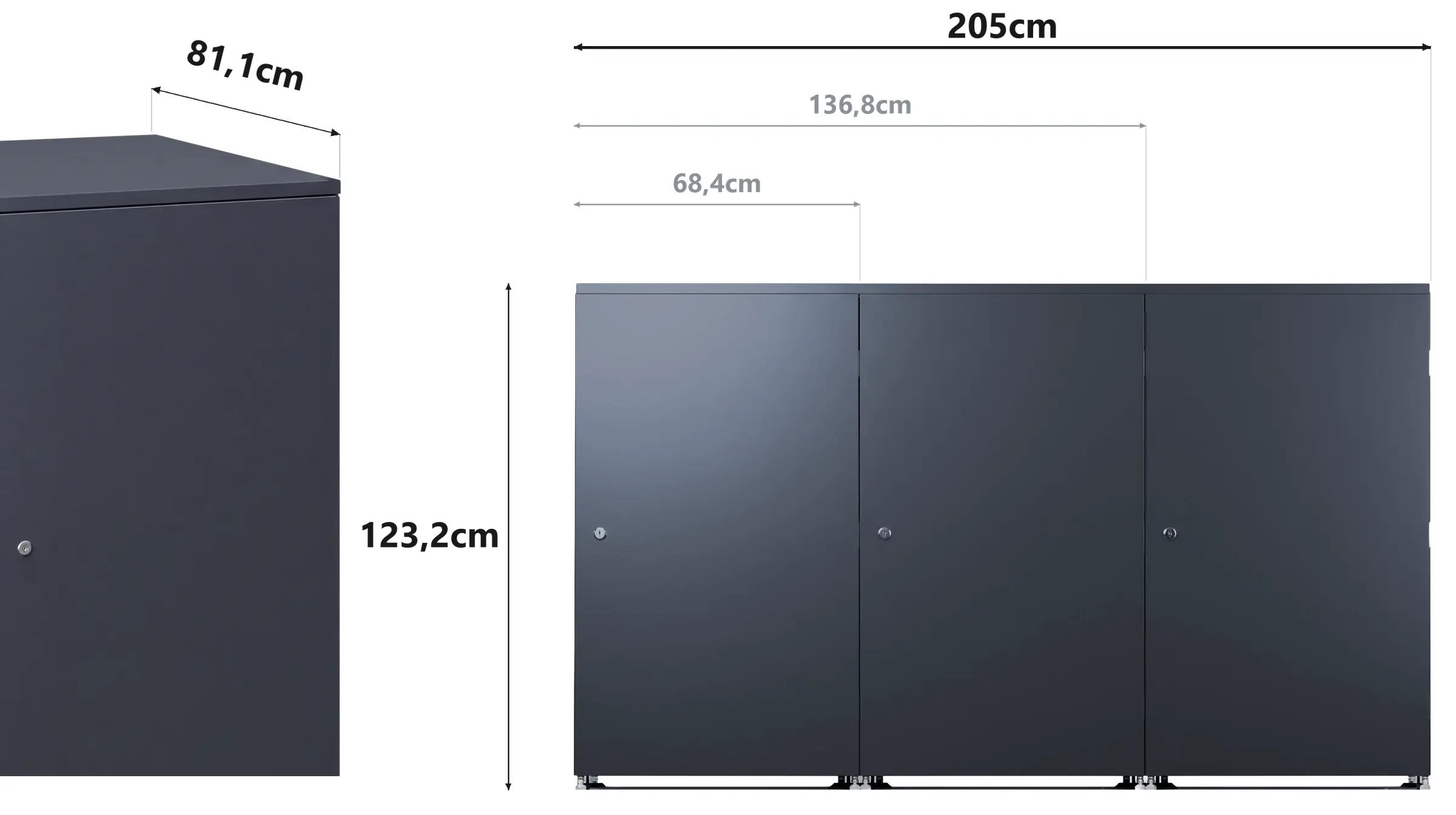 Box na odpadkové koše Metzler, pohľad z rohu a nárys, kótované: 205,2 cm široký, 123,3 cm vysoký a 81,2 cm hlboký