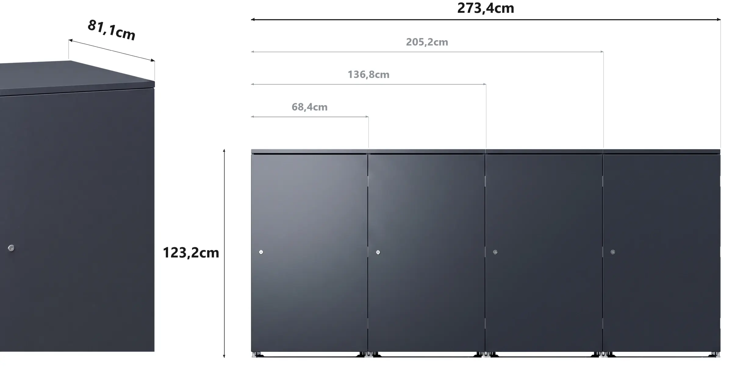 Box na popelnice Metzler, rohový pohled a nárys, kótováno: 273,6 cm široký, 123,3 cm vysoký a 81,2 cm hluboký